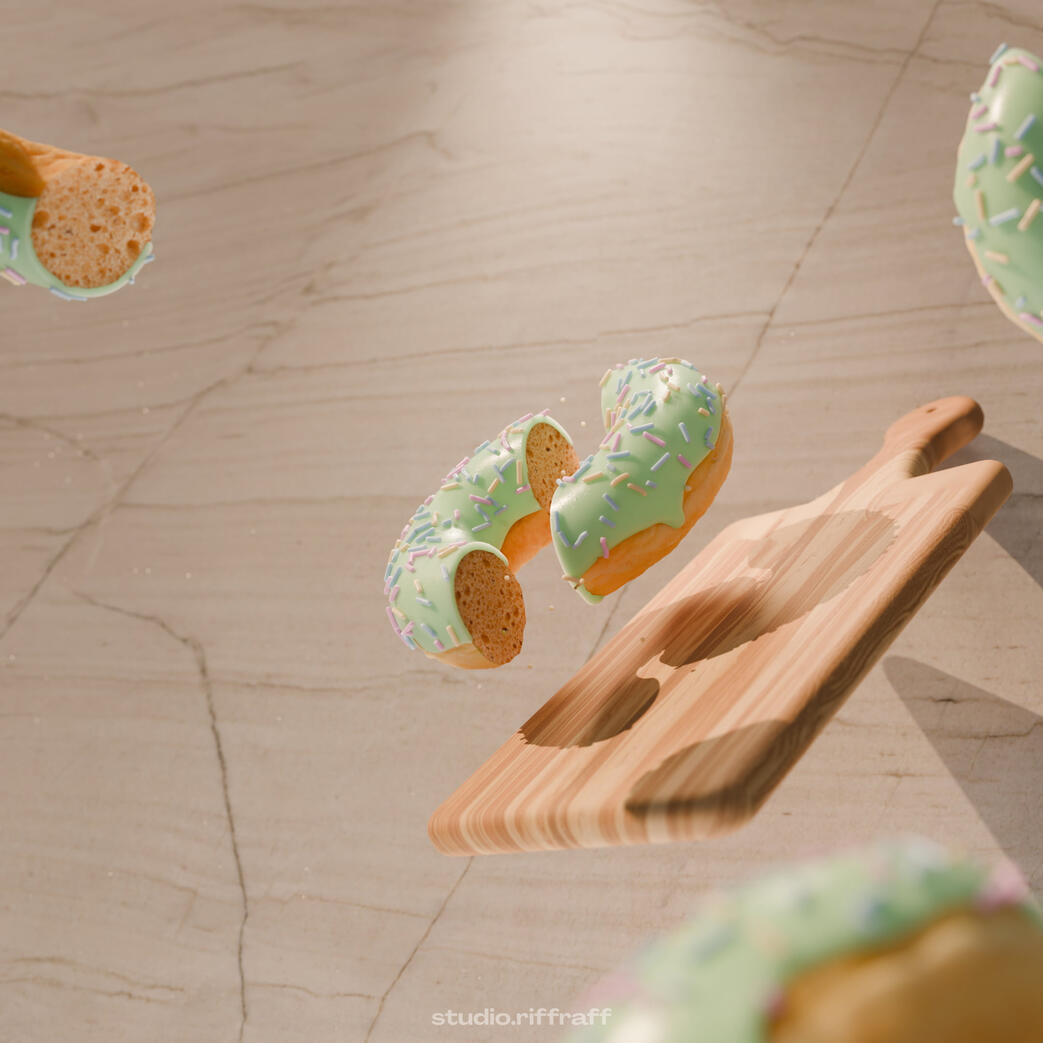 P3 - Time Taken ~1 hour A donut sliced in half and a wooden cutting board floating upwards on a countertop, under dramatic lighting