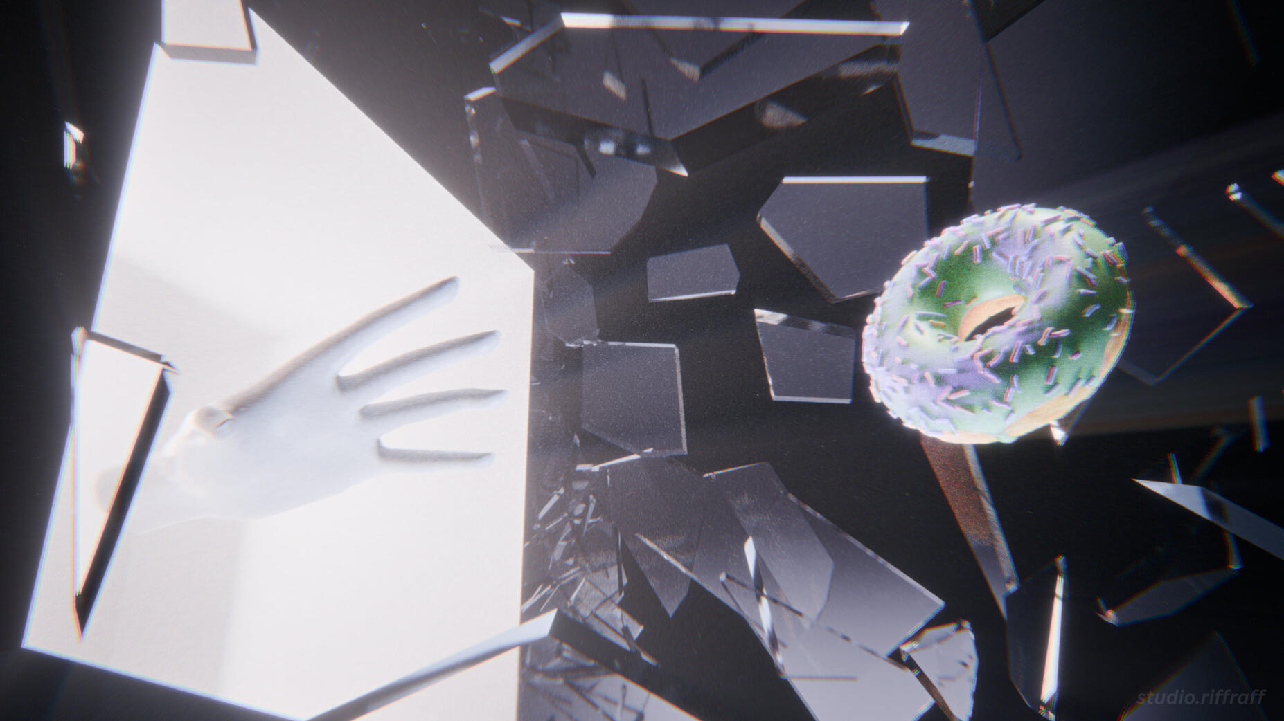 P2.1 - Time Taken ~1 hour A hand reaching through a white portal towards a donut, surrounded by glass in a black void
