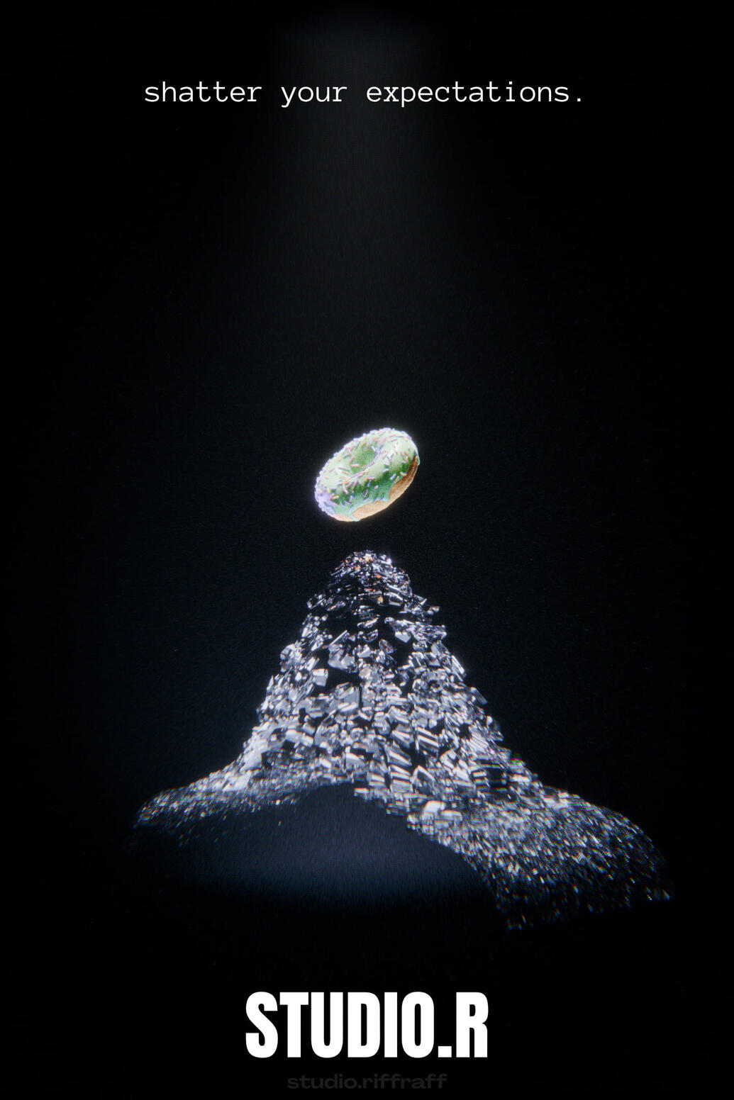 P1 - Time Taken ~3 hours A donut floating upwards above a shattered glass stand, in a black void