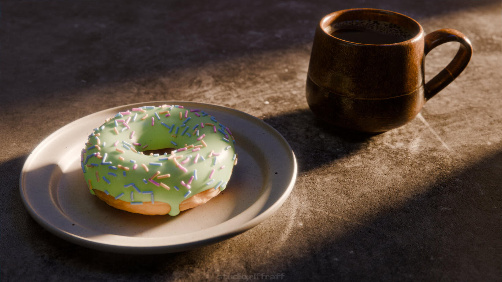 A2 - donut. A donut and a mug of coffee, lit by the morning light