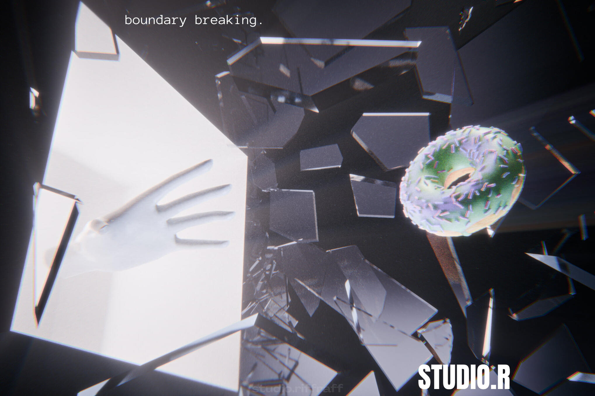P2.1 - Time Taken ~1 hour A hand reaching through a white portal towards a donut, surrounded by glass in a black void