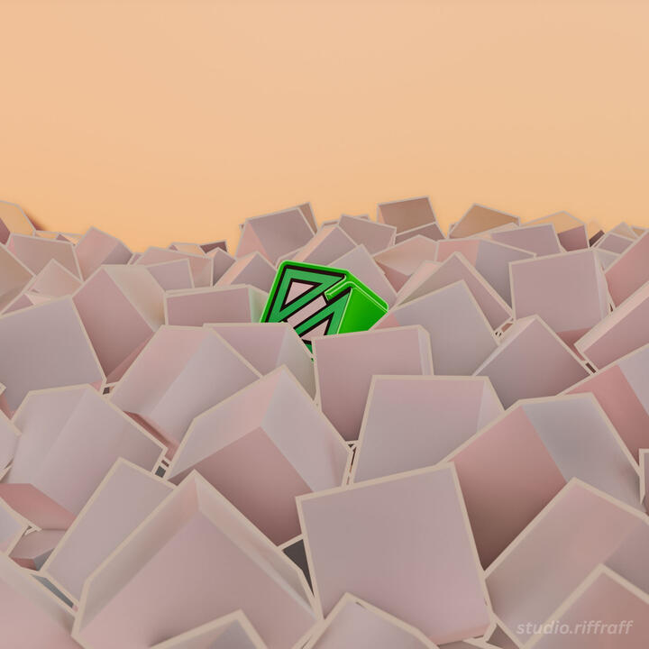 My icon floating among a sea of white cubes, under soft orange lighting