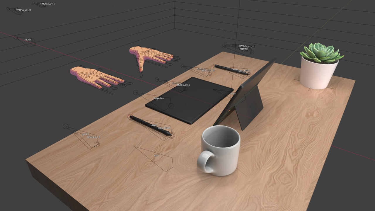 An office desk with a pot plant, mug, drawing tablet, display and pens