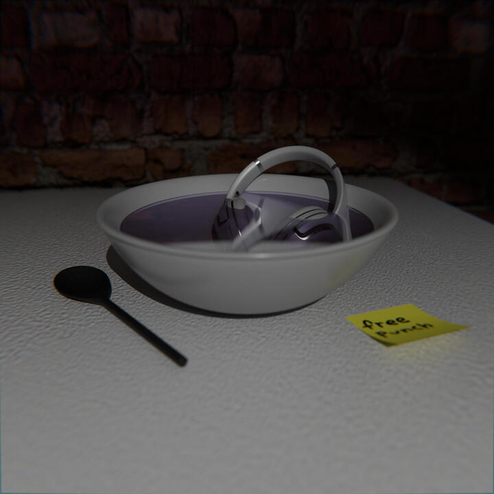 A pair of headphones submerged in a bowl of punch at a party
