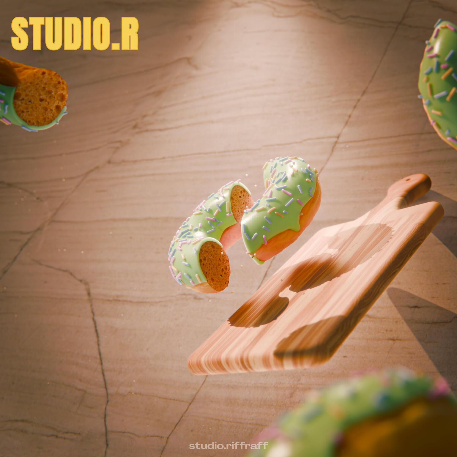 P3 - Time Taken ~1 hour A donut sliced in half and a wooden cutting board floating upwards on a countertop, under dramatic lighting