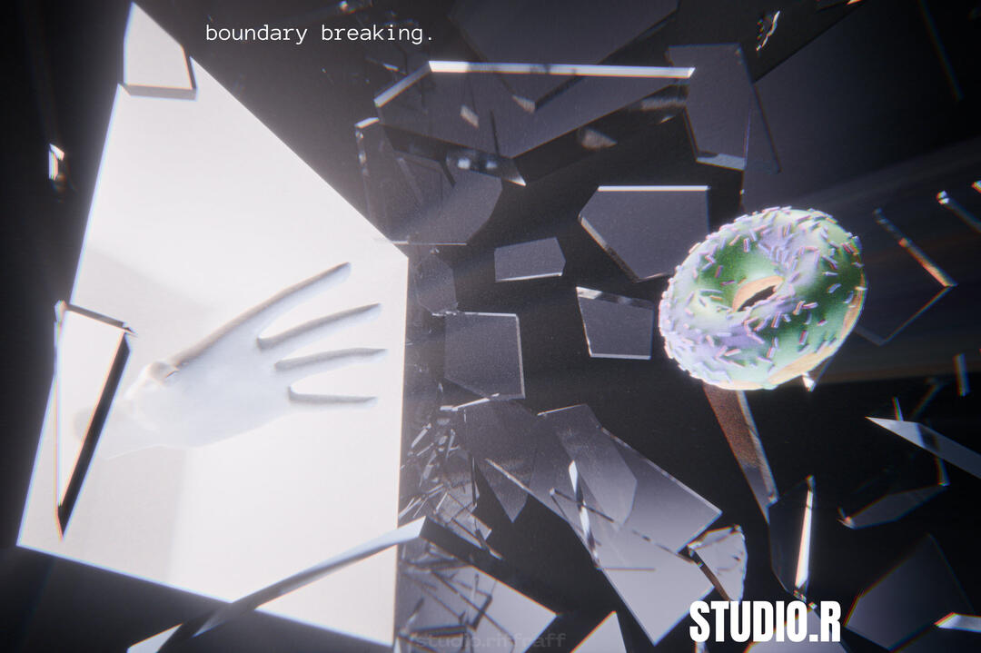 A hand reaching through a white portal towards a donut, surrounded by glass in a black void