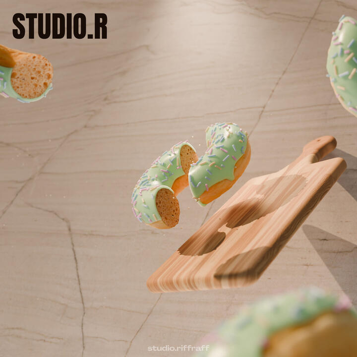 A donut sliced in half and a wooden cutting board floating upwards on a countertop, under dramatic lighting