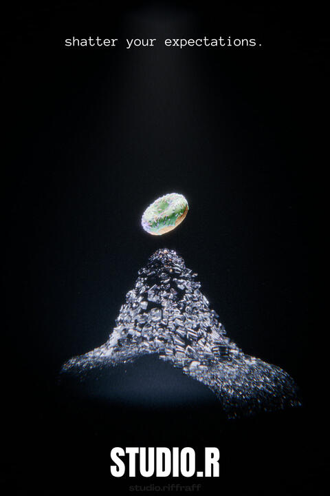 A donut floating upwards above a shattered glass stand, in a black void
