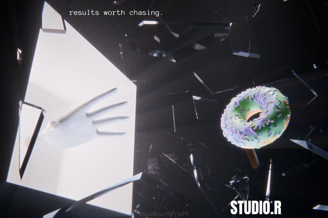 A hand reaching through a white portal towards a donut, surrounded by glass in a black void