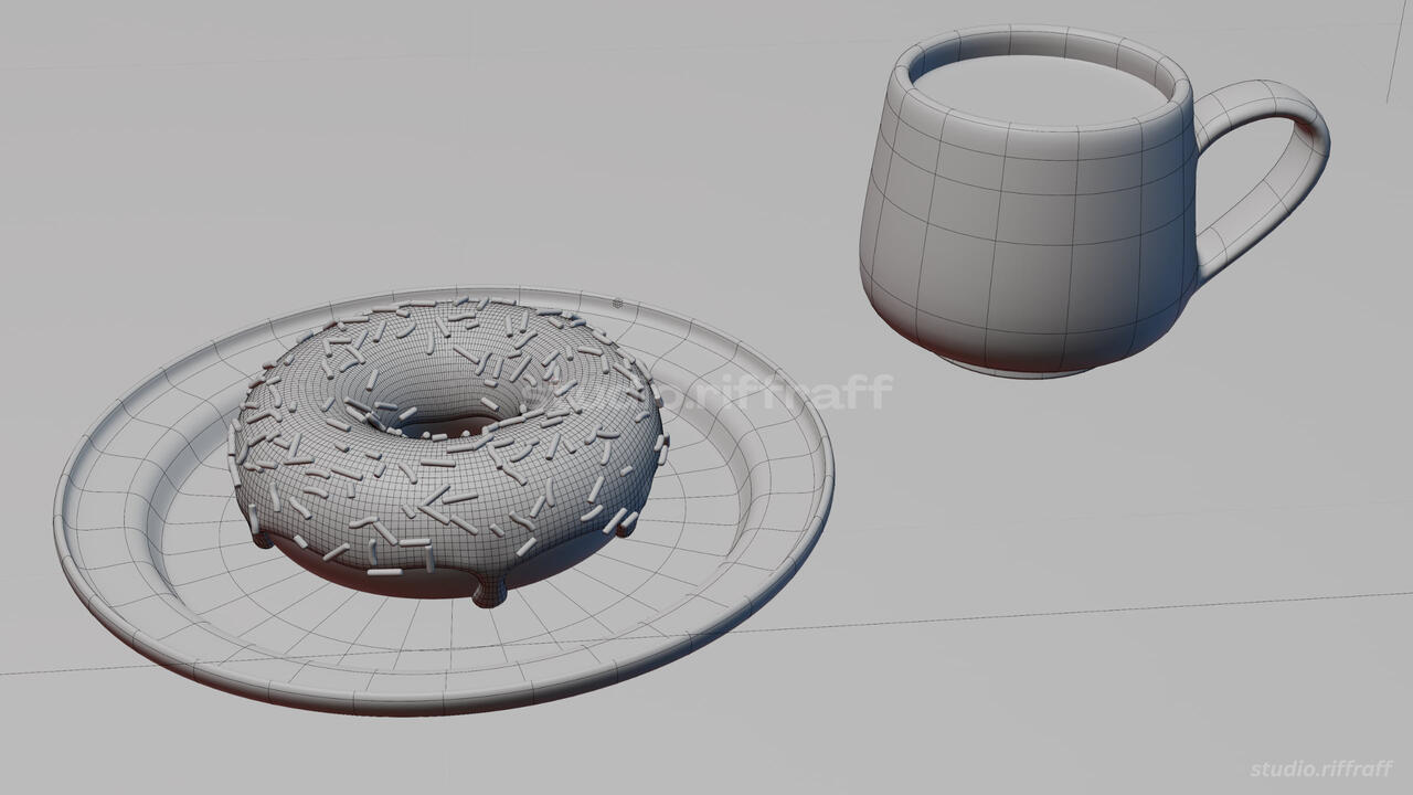 A donut and a mug of coffee, lit by the morning light