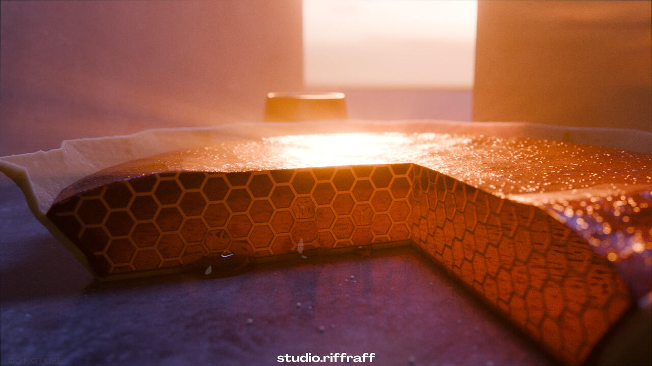 A "honey" pie sitting on a table under the morning light