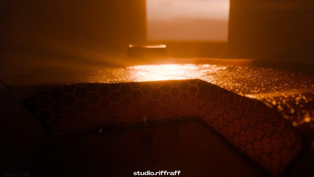 A "honey" pie sitting on a table under the morning light