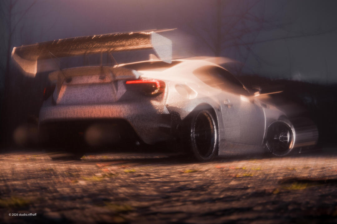 A pandem subaru brz in the snowy mountains at night